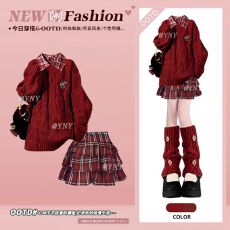 批发学院风红色针织针织衫叠穿格纹衬衫蓬蓬裙短裙女冬季新年战袍套装