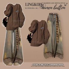 批发大码秋冬美拉德套装女复古减龄针织毛衣搭设计感显瘦牛仔裤两件套