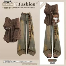 批发老钱风大方得体针织毛衣巨好看的冬季一整套美拉德穿搭休闲套装裤