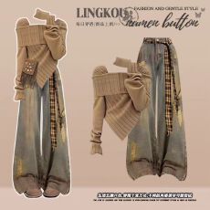 批发大码秋<b class='q'>冬</b>复古套装女美拉德洋气针织上衣搭围脖设计感牛仔裤两件套