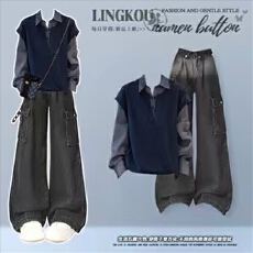 批发<b class='q'>大码</b>秋季韩系套装女减龄休闲假两件针织上衣复古渐变牛仔裤两件套