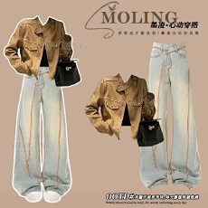 批发2026<b class='q'>春</b>季穿搭一整套韩系百搭夹克外套时尚设计感显瘦牛仔裤两件套