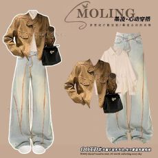 2026春季穿搭一整套时尚设计感夹克外套百搭衬衫显瘦牛仔裤三件套