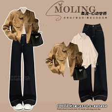 批发2026<b class='q'>春</b>季穿搭一整套女韩系气质夹克外套百搭衬衫高腰牛仔裤三件套