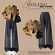 批发2026<b class='q'>春</b>季穿搭一整套女复古韩系夹克外套洋气减龄显瘦休闲裤两件套