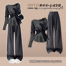 批发洋气时髦女款氛围感显瘦针织毛衣搭配垂感高腰淡雅阔腿裤百搭套装