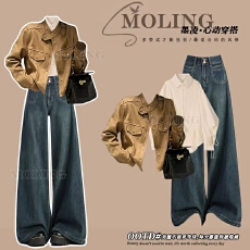 批发2026<b class='q'>春</b>季穿搭一整套女韩系减龄复古外套时尚衬衫显瘦阔腿裤三件套