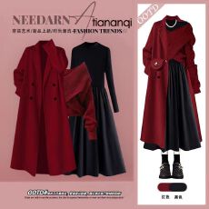 批发<b class='q'>冬</b>季穿搭一整套女新款圣诞新年战袍大衣外套内搭毛衣连衣裙三件套