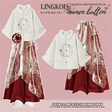 批发大码秋冬气质<b class='q'>套装</b>女新中式厚款国风外套搭法式<b class='q'>蕾丝</b>裙休闲裤三件套