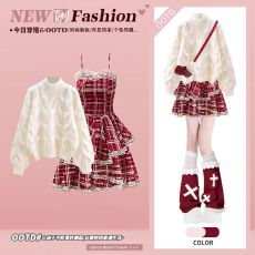 批发韩式温柔风麻花针织毛衣格子吊带裙女冬季<b class='q'>甜美</b>微胖显瘦洋气两件套