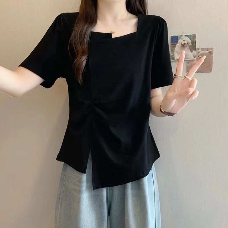 빅 사이즈 여성 의류 여름 새로운 패션 다용도 디자인 비대칭 허리 수축 반팔 티셔츠 맨위