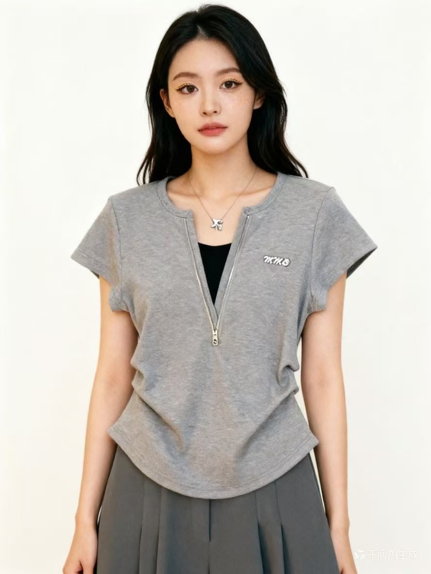 긍정적 인 어깨 지퍼 페이크 레이어드 핫픽스 반팔 티셔츠 여성 2026 봄 여름 디자인 센스 핀치 Pleat 허리 수축 V넥 Chic 맨위
