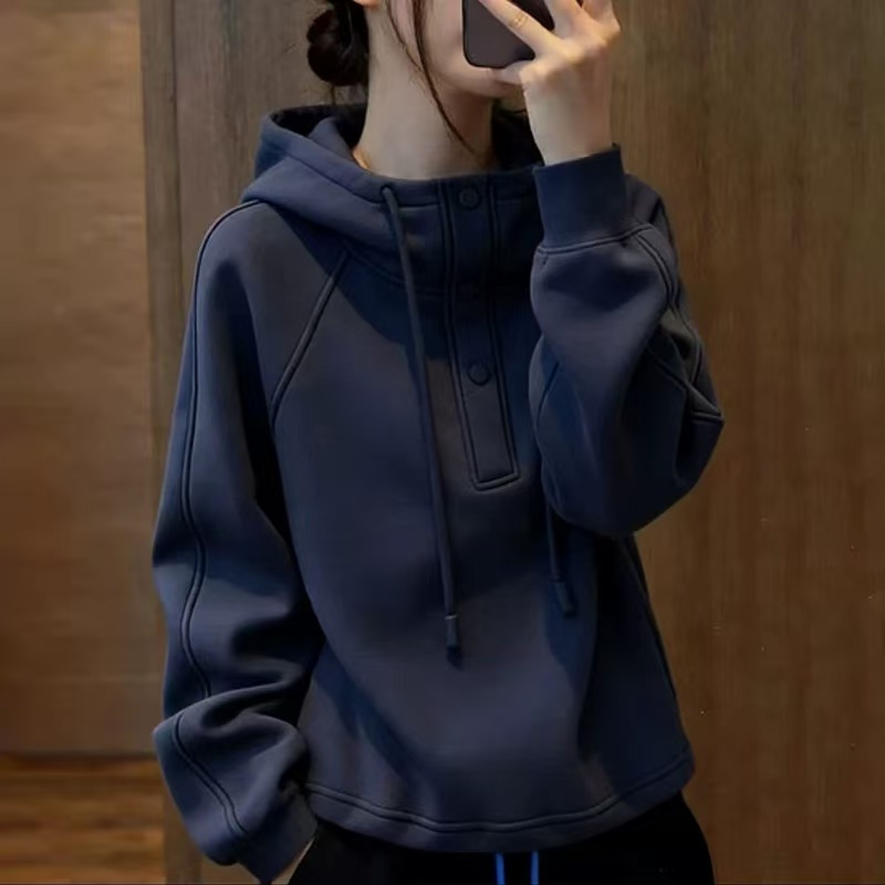 파란색 후드 펌프 로프 후드티 여성 봄 새로운 패션 연령 감소 루즈핏 슬림해 보이는 외국 가스 만나는 모자 셔츠 맨위