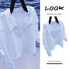 批发法式极简风白色长袖衬衫2026春<b class='q'>秋</b>女通勤翻领套头假两件设计感上衣