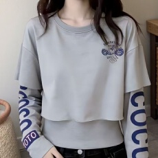 批发春季新款时尚灰色假两件上衣<b class='q'>通勤</b>风字母印花显瘦洋气时髦长袖