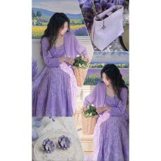 批发春季韩系穿搭套装女慵懒风紫色开衫搭高级感显瘦碎花连衣裙两件套