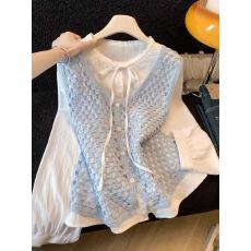 批发2026<b class='q'>春</b>季新款中式蝴蝶结喇叭袖花边衬衫镂空马甲背心两件套上衣女