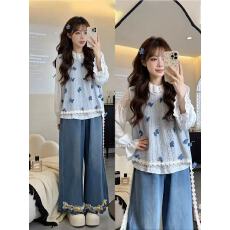 批发小个子春季韩系套装女减龄显瘦马甲打底衫搭高腰宽松<b class='q'>牛仔</b>裤三件套