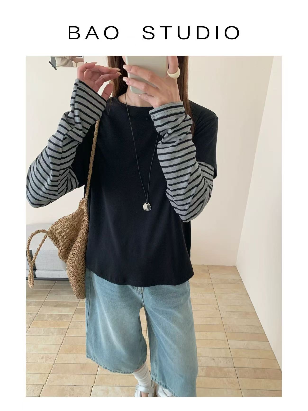 한 부서 chic 검정색 페이크 레이어드 긍정적 인 어깨 긴팔 티셔츠 여성 여름 디자인 센스 작은 대중 고유 한 아름다운 맨위 서비스