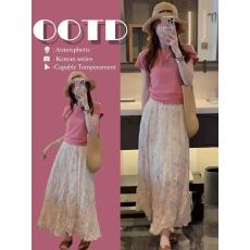 批发夏日绝美俏皮小套装粉色卡通短袖t恤小清新法式<b class='q'>碎花</b>半身裙两件套