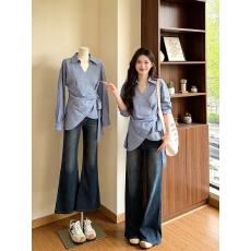 批发法式蓝色条纹系带<b class='q'>衬衫女</b>2026夏季大码胖mm收腰显瘦不规则独特上衣