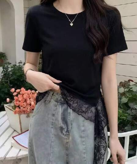 검정색 긍정적 인 어깨 반팔 티셔츠 여성 2026 새로운 여름 빅 사이즈 지방 mm 디자인 센스 레이스 리본 밑단 맨위