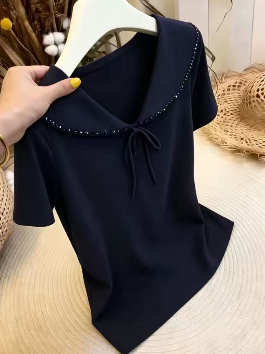 빛 럭셔리 바람 블루 색상 빅 사이즈 레이스업 폴로 칼라 반팔 티셔츠 핫픽스 연령 감소 품격 고급 센스 베이비 칼라 맨위