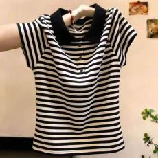 批发<b class='q'>胖</b><b class='q'>MM</b>复古洋气黑白条纹Polo领短袖针织衫女夏季新款超好看显瘦上衣