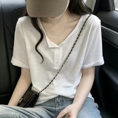 批发白色凉感棉半开领短袖<b class='q'>T</b><b class='q'>恤</b>女薄款夏新款纯色宽松显瘦百搭上衣文艺