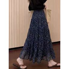 批发法式优雅蓝色碎花半身裙女夏季<b class='q'>新款</b>大尺码宽松高腰显瘦百褶<b class='q'>长裙</b>