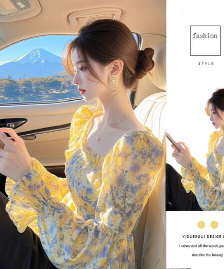 도파민 황색 꽃무늬 쉬폰 셔츠 맨위 여성 가을 2026 새로운 고유 한 Chic 아름다운 외국 가스 작은 셔츠