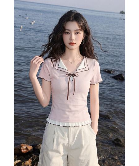 핑크색 달콤함 V넥 배색 반팔 티셔츠 여성 여름 품격 작은 대중 긍정적 인 어깨 몸매 가꾸기 페이크 레이어드 맨위