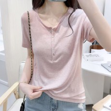 批发韩系温柔风亨利领短袖T恤女夏2026大码<b class='q'>胖</b><b class='q'>MM</b>宽松显瘦遮肉百搭上衣