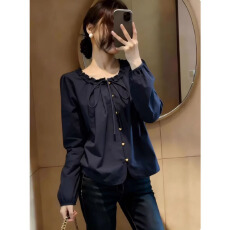 批发藏青色木耳边系带长袖衬衫女2026<b class='q'>春</b>装大码胖mm遮肉显瘦巨好看上衣
