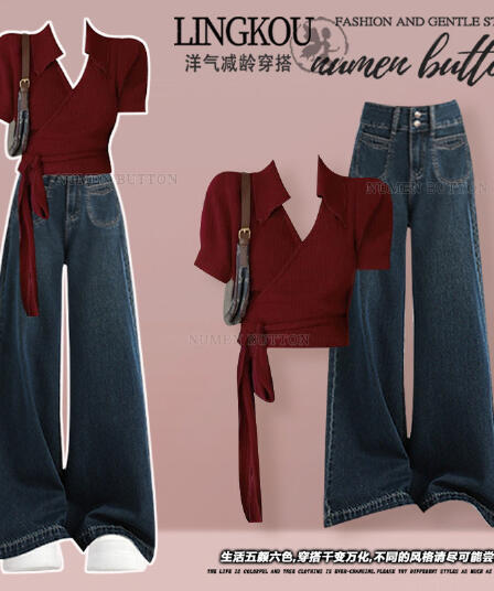 로얄 자매 디자인 센스 항구 바람 와인 레드 POLO 칼라 티셔츠 여름 새로운 여성 레저 레트로 청바지 투피스 세트