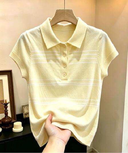 패션 한 부서 도파민 부드러운 황색 POLO 칼라 반팔 맨위 여성 여름 다용도 캐주얼 바람 빅 사이즈 여성 의류