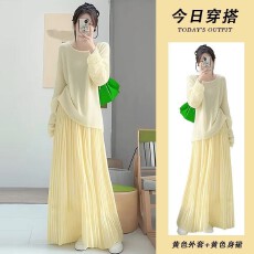 批发<b class='q'>春</b>秋季INS风法式气质长袖针织衫套装女高腰垂感显瘦半身裙两件套