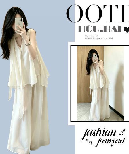 한 부서 자이언트 잘 생긴 ootd 착용 가져 가라. 2026 새로운 주황색 조끼 ins 바람 맨위 여성 여름 와이드 레그 팬츠 세트