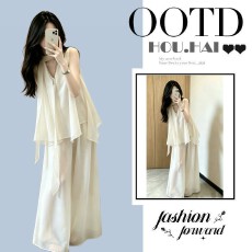 批发韩系巨好看ootd穿搭2026新款橘色背心INS风上衣女<b class='q'>夏</b>季阔腿裤套装
