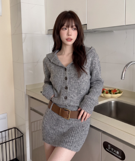 회색 폴로 칼라 스웨터 니트 여성 드레스 가을 한국 스타일 핫걸 바람 작은 키 섹시함 몸매 가꾸기 타이트 스커트 미니 스커트
