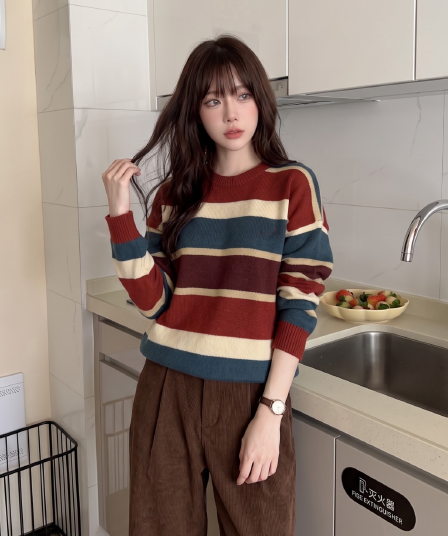 배색 스트라이프 라운드 넥 풀오버 스웨터 여자 가을 프랑스식 레트로 느긋한 루즈핏 디자인 센스 긴팔 니트 맨위