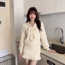批发法式<b class='q'>甜美</b>蝴蝶结毛衣短裙套装女秋季小个子显瘦慵懒日常穿搭两件套