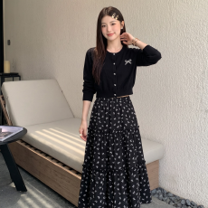 批发黑色碎花半身裙女秋法式温柔拼接高腰a字蛋糕裙小个子百搭中长裙