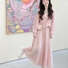 批发<b class='q'>大码</b>秋季甜美风套装女V领温柔优雅针织毛衣搭减龄垂感裙裤两件套