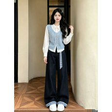 批发大码秋季韩系套<b class='q'>装</b>女设计感镂空马甲打底衫搭高腰阔腿牛仔<b class='q'>裤</b>三件套