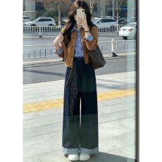 批发2026年秋装搭配一整套复古夹克外套<b class='q'>格子</b>衬衫牛仔裤阔腿裤三件套