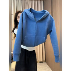 批发<b class='q'>欧洲站</b>蓝色连帽长袖拉链外套女秋冬<b class='q'>新款</b>小众设计宽松显瘦卫衣开衫