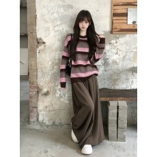 批发大码秋季学院风套<b class='q'>装</b><b class='q'>女</b>韩系条纹针织毛衣搭配超好看减龄裙裤两件套