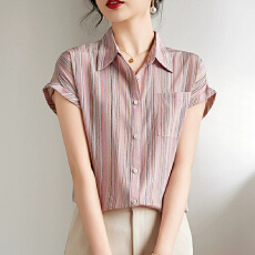 批发杭州品牌双绉真丝<b class='q'>衬衫</b>女短袖2025夏装新款时尚条纹小衫桑蚕丝上衣