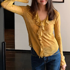 批发龍喜儿法式优雅v领荷叶边扎染<b class='q'>衬衫</b>女刺绣抽褶A字廓形收腰小衫Z982
